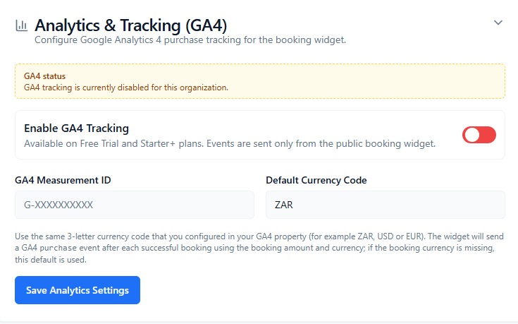 ConsultGen GA4 configuration card with status notice, enable toggle, measurement ID, default currency code, and save button