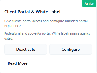 ConsultGen Client Portal & White Label add-on overview card with Active status and Configure action