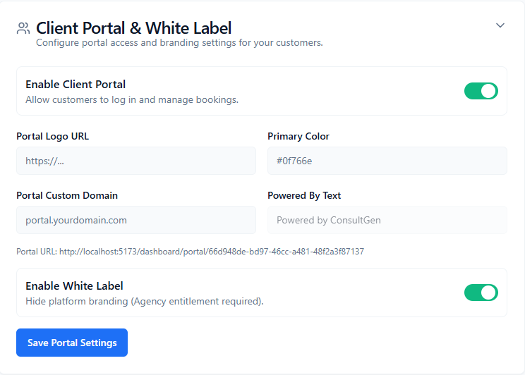 ConsultGen Client Portal and White Label configuration card with portal toggle, branding fields, custom domain, and white label toggle