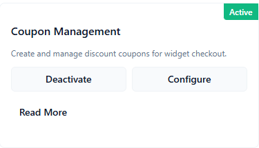 ConsultGen Coupon Management add-on overview card with Active status and Configure action