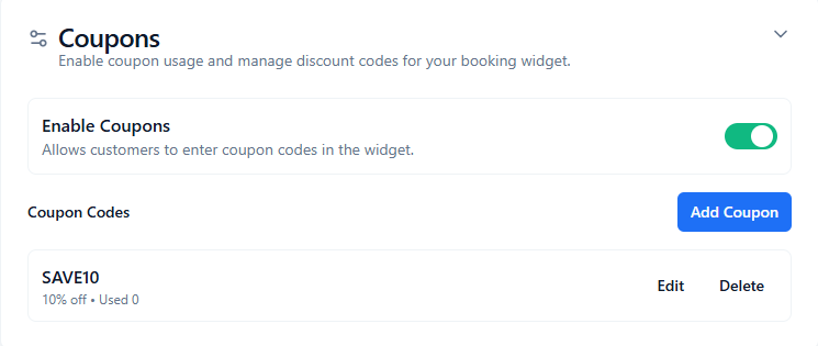ConsultGen Coupons configuration panel with enable toggle, Add Coupon button, coupon list, and edit/delete actions
