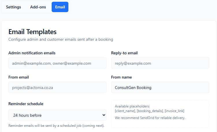 ConsultGen email template editors for Admin Notification, Client Confirmation, and Client Reminder with placeholder tokens