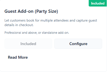 ConsultGen Guest Add-on (Party Size) overview card with Included badge and Configure action