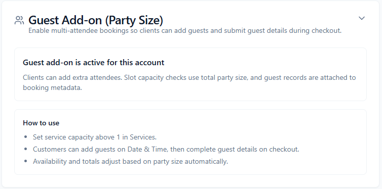 ConsultGen Guest Add-on (Party Size) configuration panel with active account note and how-to-use guidance