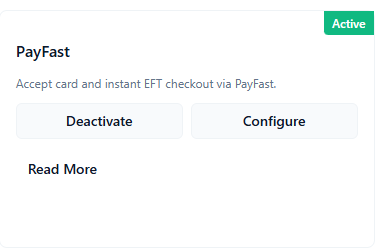 ConsultGen PayFast add-on overview card with Active status and Configure action