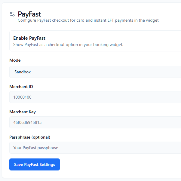 ConsultGen PayFast configuration card with mode, merchant ID, key, passphrase, and save action
