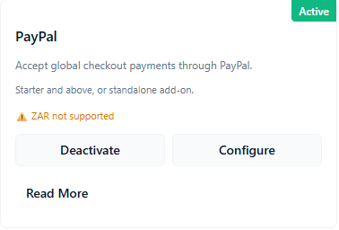 ConsultGen PayPal add-on overview card with Active status, ZAR not supported warning, and Configure action