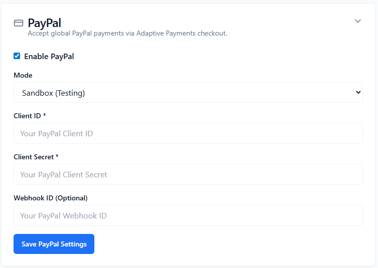 ConsultGen PayPal configuration card with mode, Client ID, Client Secret, Webhook ID, and Save action