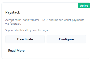 ConsultGen Paystack add-on overview card with Active status and Configure action