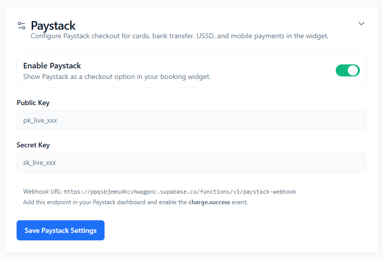 ConsultGen Paystack configuration card with Public Key, Secret Key, webhook URL, and Save action