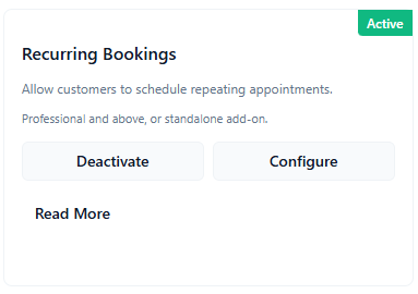 ConsultGen Recurring Bookings add-on overview card with Active status, plan note, and Configure action