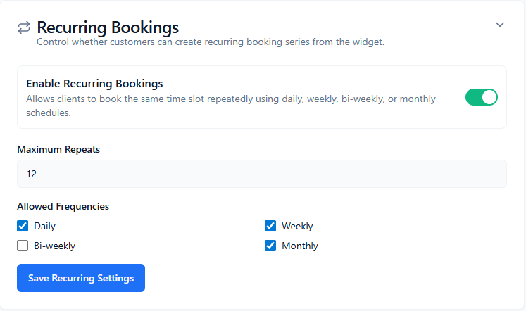 ConsultGen Recurring Bookings configuration card with enable toggle, maximum repeats, allowed frequencies, and save action