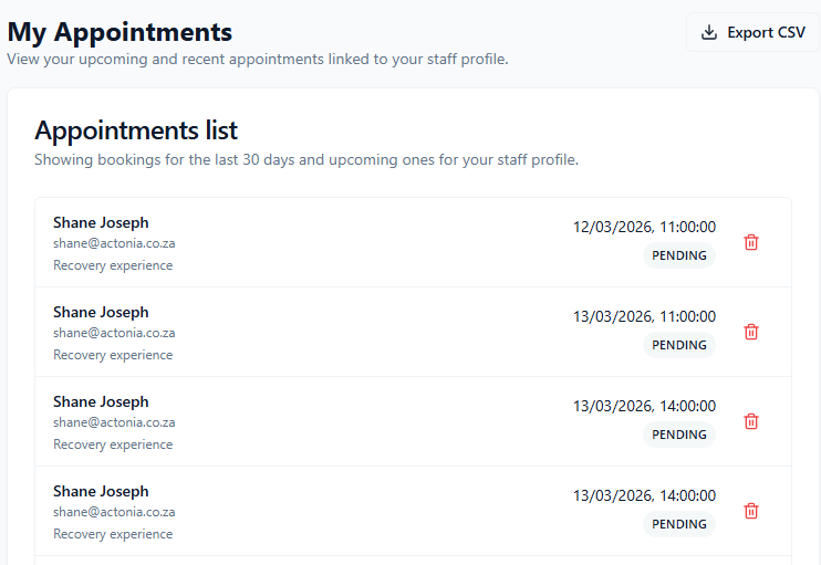 ConsultGen My Appointments tab showing a list of bookings with client name, email, service name, date and time, status badge, export CSV button, and delete icons