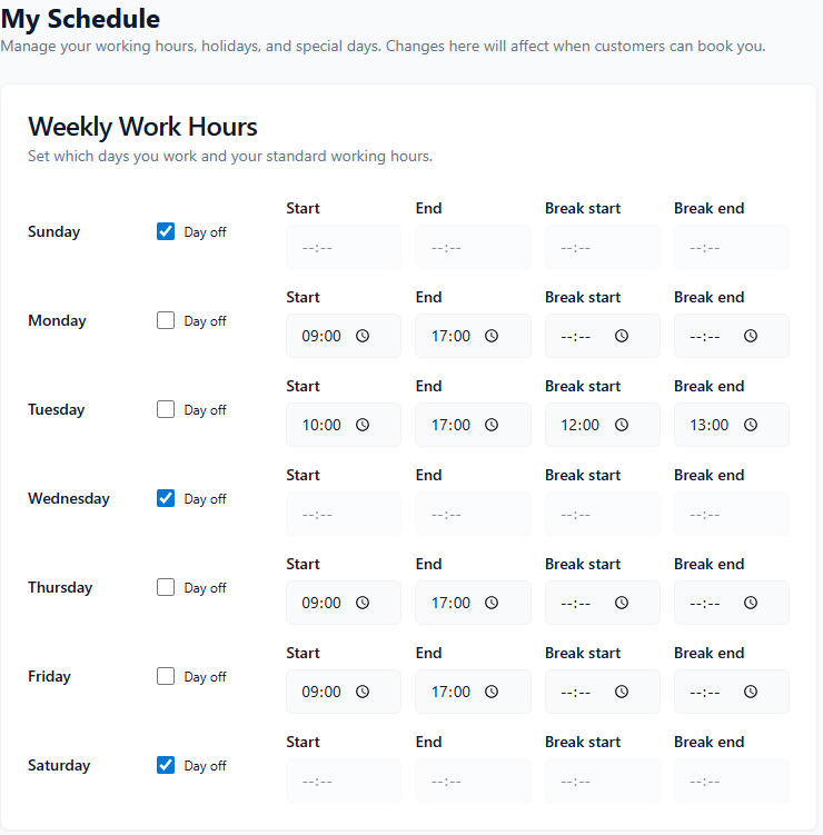 ConsultGen My Schedule tab showing the Weekly Work Hours grid with day off checkboxes and start, end, break start, break end time fields, a My Holidays section with name, recurrence, and date inputs, and a Special Days section