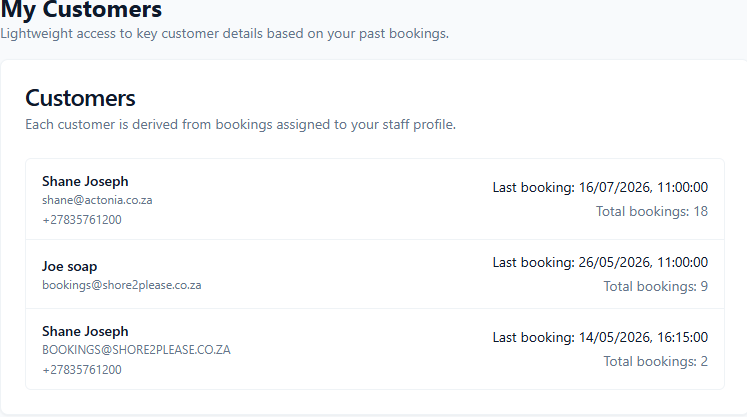ConsultGen My Customers tab showing a list of customer cards with name, email, phone, last booking date, and total bookings count