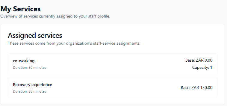 ConsultGen My Services tab showing an assigned services list with service name, duration, base price, capacity, and an inline custom price input with save and cancel icons on one service and a pencil edit icon on another
