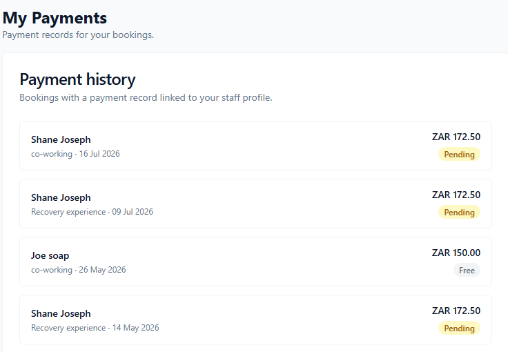 ConsultGen My Payments tab showing a payment history list with client name, service name, date, currency amount, and status badges for Pending, Paid, and Free entries