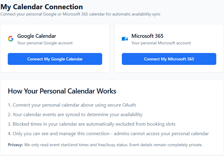 ConsultGen My Calendar Connection page showing Google Calendar and Microsoft 365 connection cards each with a connect button, and a How Your Personal Calendar Works numbered list explaining the sync and privacy model
