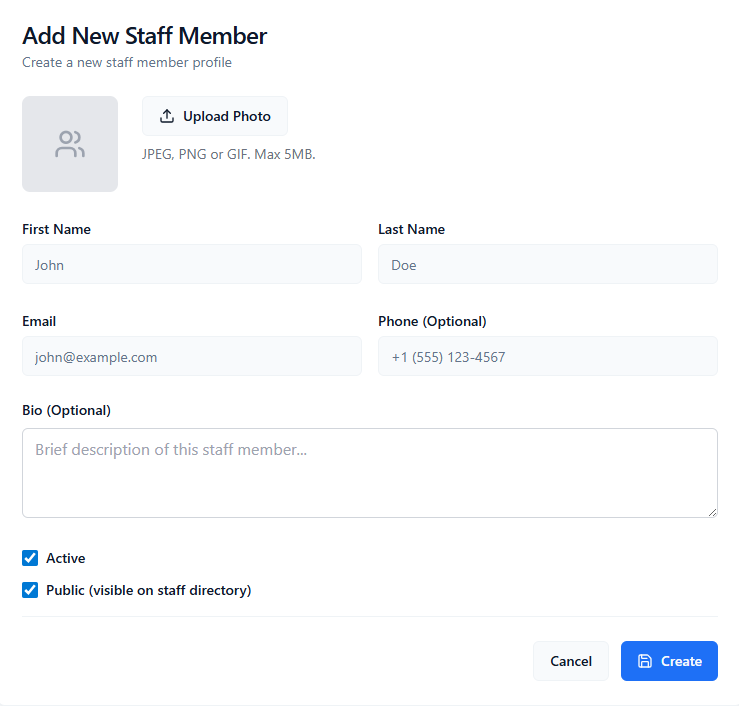 ConsultGen Add New Staff Member form showing photo upload, first name, last name, email, phone optional, bio optional, Active and Public checkboxes, Cancel and Create buttons