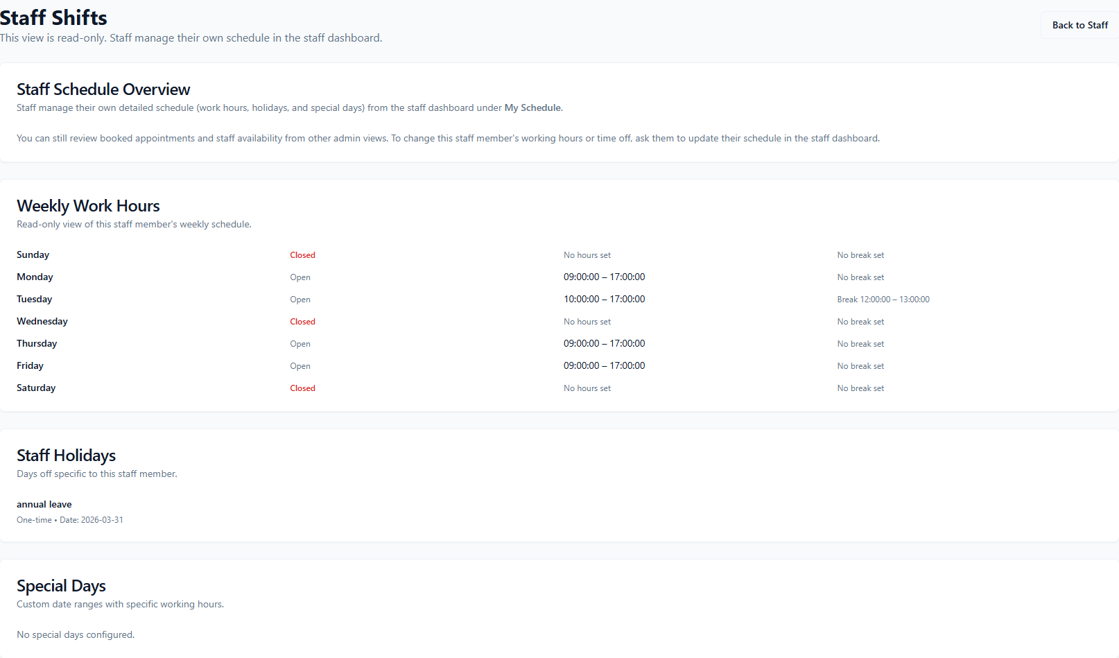 ConsultGen Staff Shifts page showing a weekly work hours table with Open and Closed days, start and end times, break windows, a Staff Holidays section, and a Special Days section
