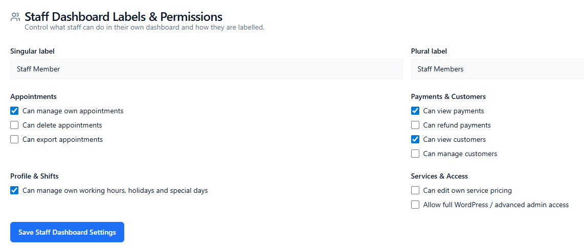 ConsultGen Staff Dashboard Labels and Permissions settings page showing singular and plural label inputs and permission checkboxes grouped by Appointments, Payments and Customers, Profile and Shifts, and Services and Access