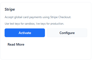 ConsultGen Stripe add-on overview card with Activate and Configure actions