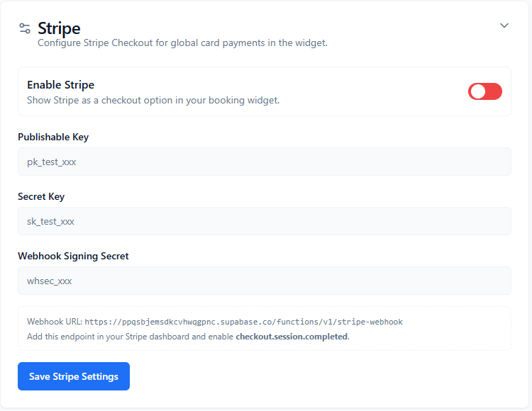 ConsultGen Stripe configuration card with Publishable Key, Secret Key, Webhook Signing Secret, webhook URL, and Save action