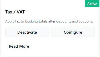ConsultGen Tax / VAT add-on overview card with Active status and Configure action