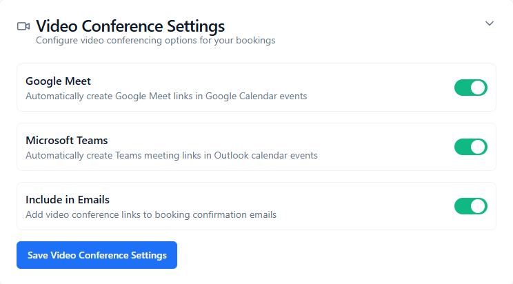 ConsultGen Video Conference Settings panel with toggles for Google Meet, Microsoft Teams, and Include in Emails