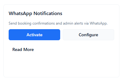ConsultGen WhatsApp add-on overview with Activate and Configure buttons