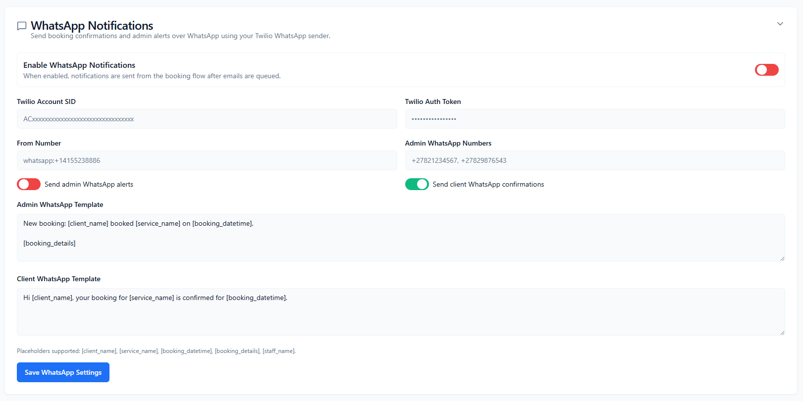 ConsultGen WhatsApp configuration card with Twilio credentials, toggles, and templates